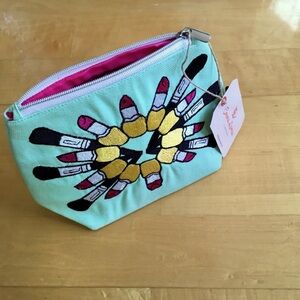 Emma Lomax London Lipstick Embroidered Travel / Makeup Bag, Aqua, Pink
